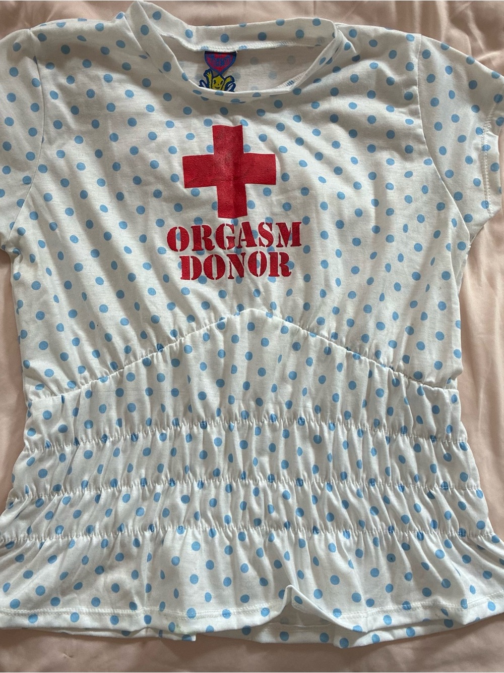 omighty White Polka Dot "Orgasm Donor" scrunch tee